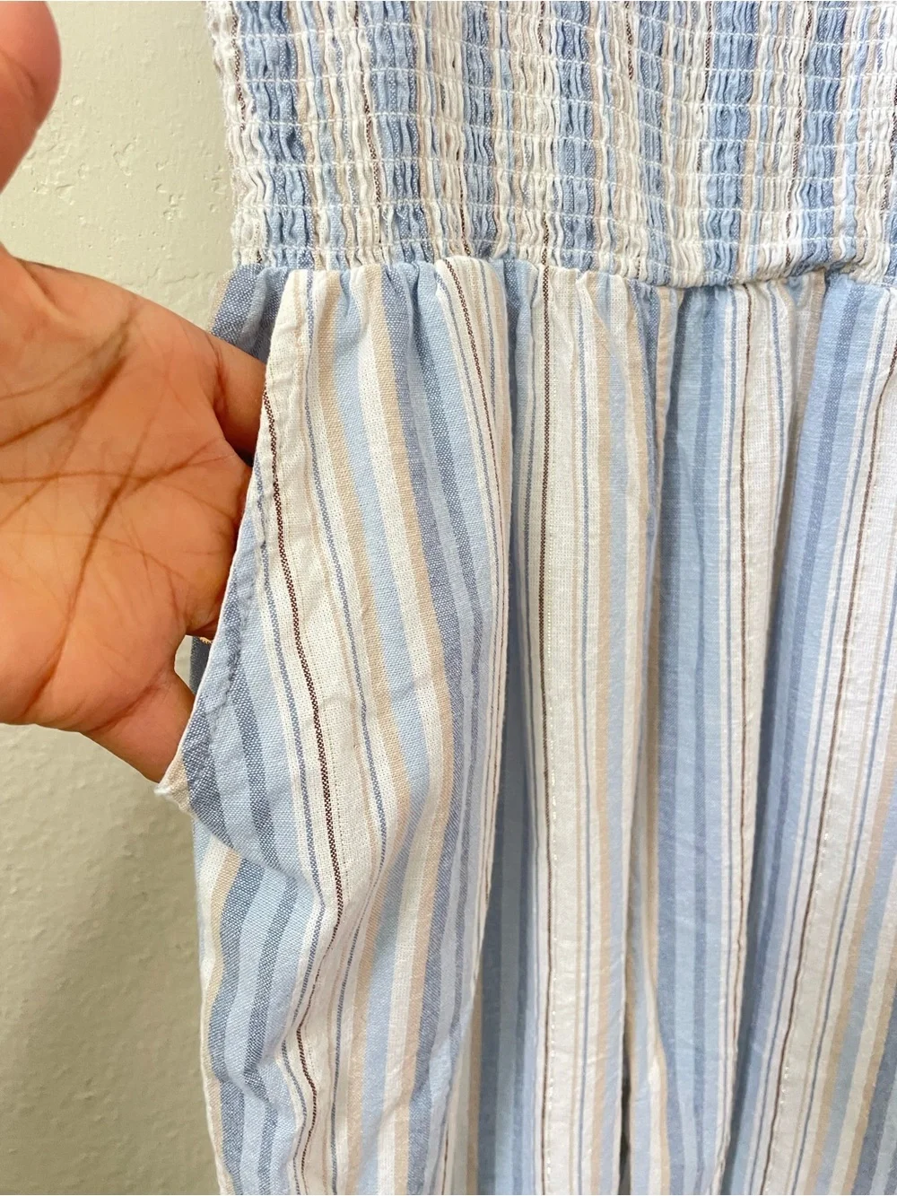 Tahari Girl Blue Striped Jumpsuit Size 10 Smocked Flutter Sleeve Cotton